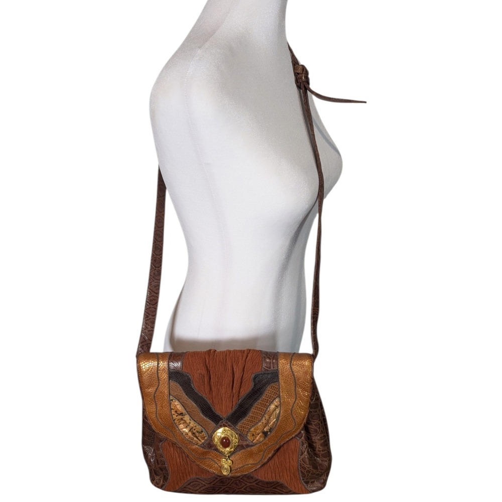 Sharif Vintage Patchwork Leather Crossbody Bag Brown Exotic Embossed USA Made